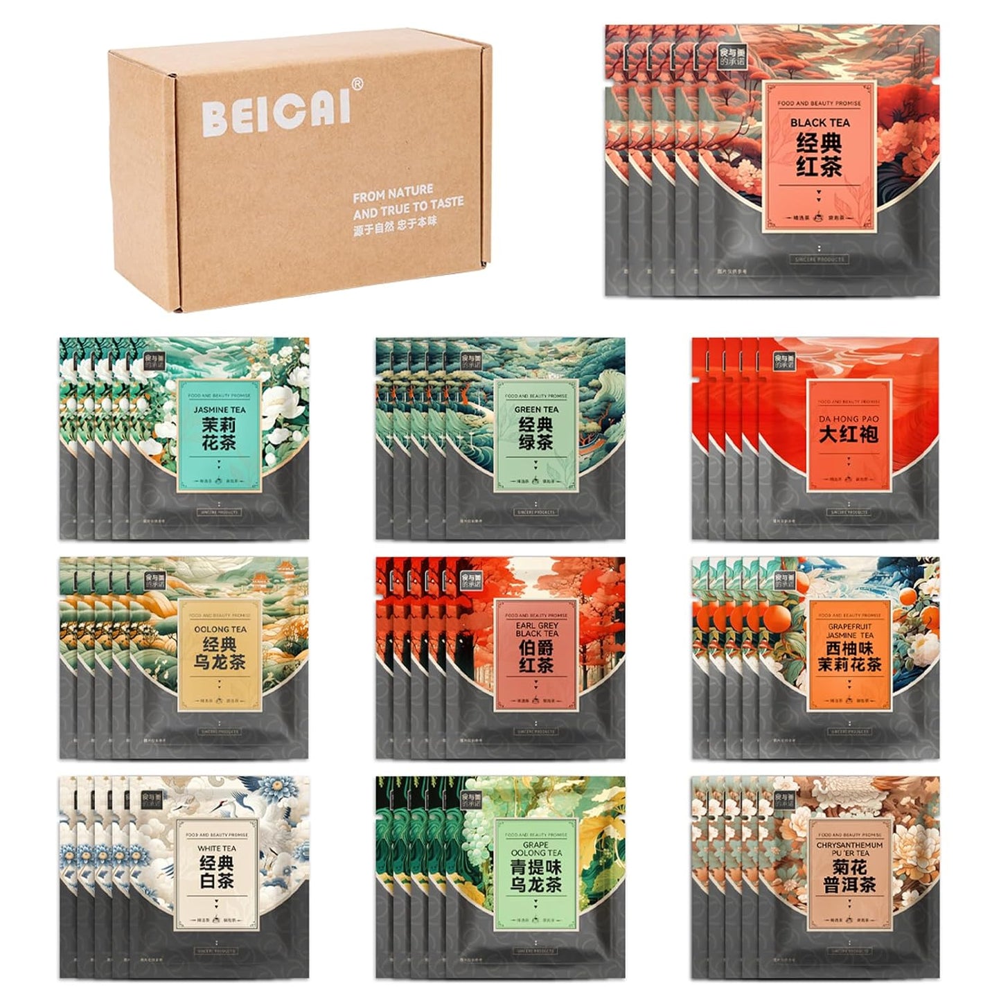 BEI CAI Tea Bags Sampler Assortment Box (50 Count) 10 Different Flavors,Perfect Variety Individually Wrapped Tea Bag,Perfect for Hotels, Offices