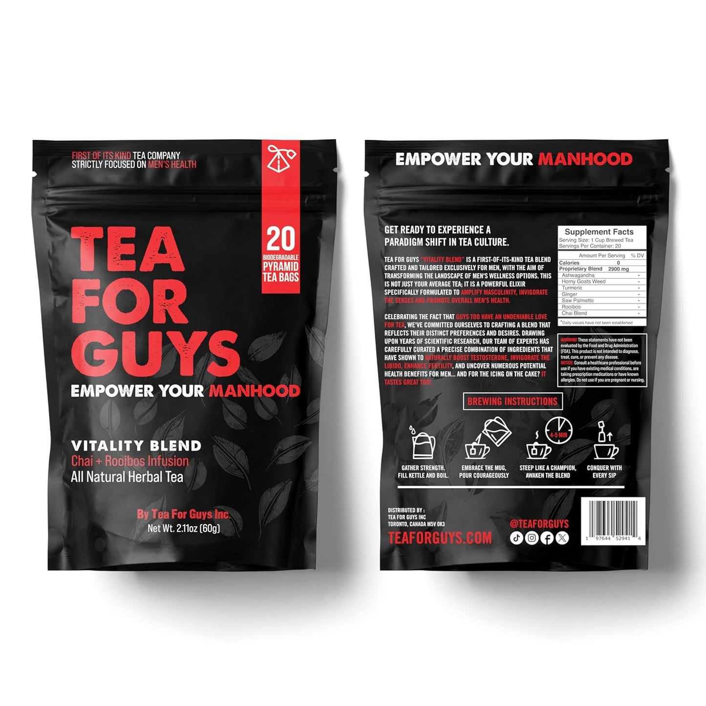 Tea For Guys: Vitality Blend – Natural Support for Testosterone, Libido, Male Fertility and overall Male Vitality | Herbal Tea for Mens Wellness – 20 Biodegradable Tea Bags