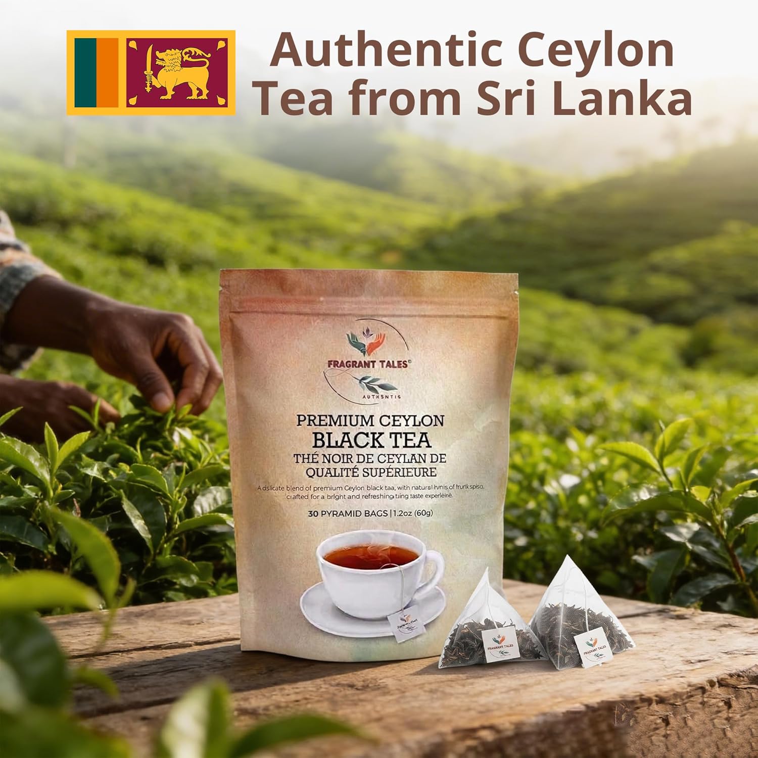 Premium Ceylon Black Tea | 60g (2.12 oz) – 30 Pyramid Tea Bags | Whole Leaf Ceylon Tea from Sri Lanka (Ceylon) | Bold & Bright Flavor with Delicate Hints of Fruit & Spice | Fragrant Tales