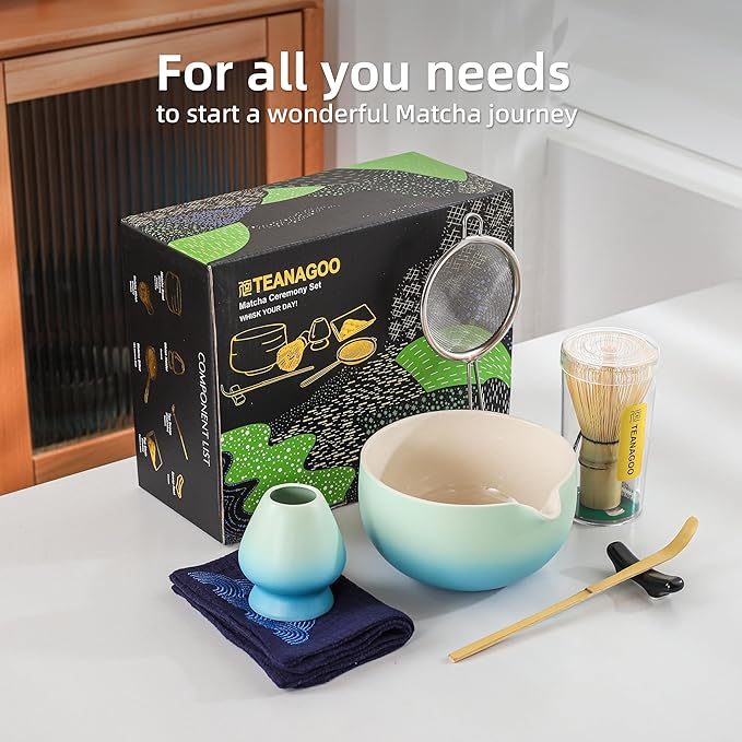 Teanagoo Matcha Whisk Set Blue,Ceremony Matcha Set,Matcha Kit Grident Blue,Matcha Tea Set for Making Breakfast/Latte