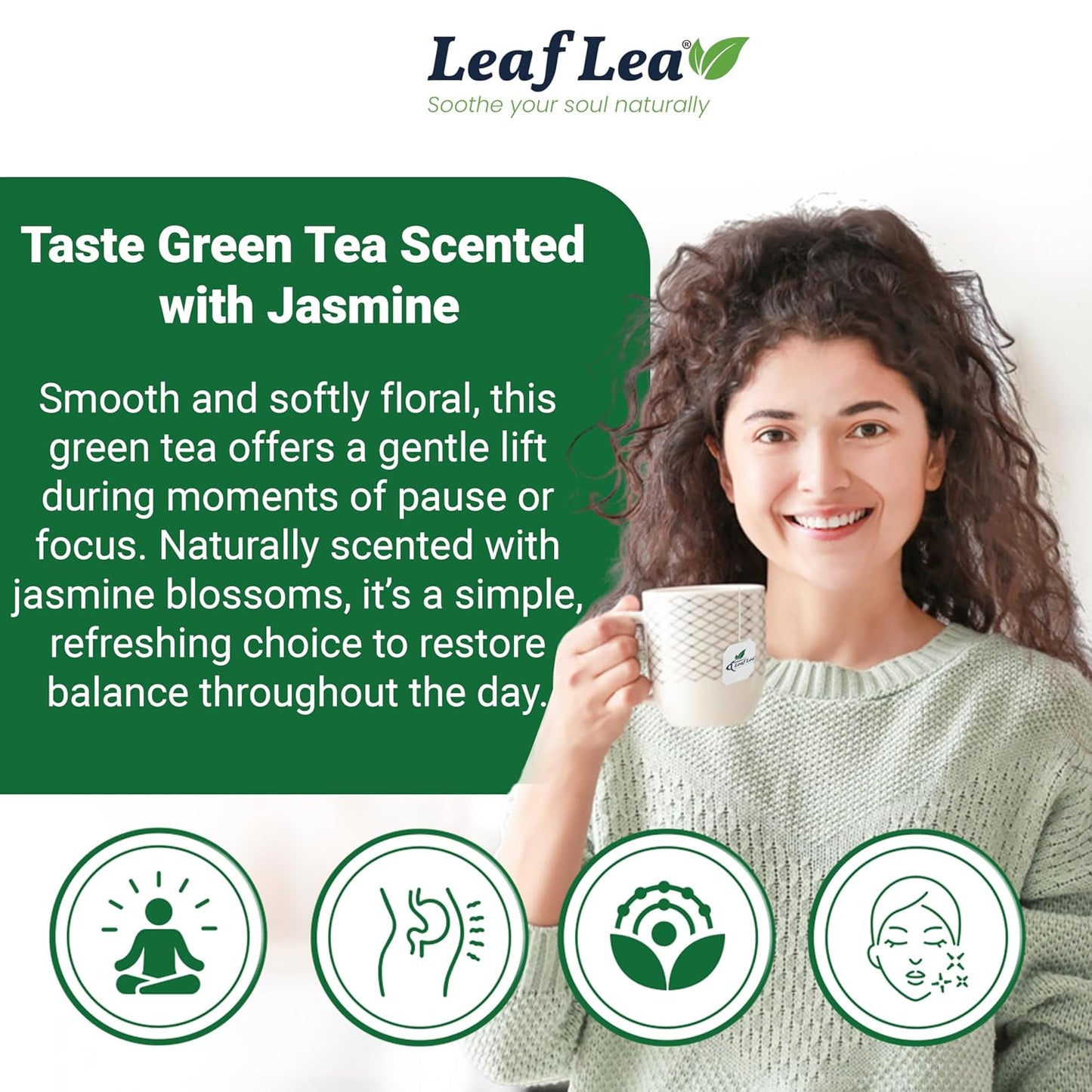LeafLea Jasmine Green Tea Bags, Light Focus &amp; Daily Balance, 80 Count | Green Tea Naturally Scented With Jasmine, Delicate Floral Taste, Caffeinated, Sugar-Free, Vegan, Individually Wrapped