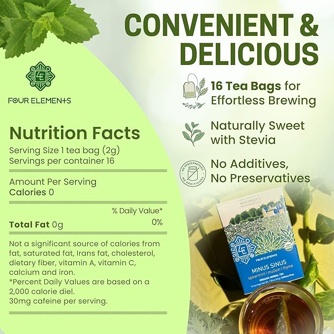 Four Elements Minus Sinus Tea [16 Teabags, 1.2 oz], Organic Spearmint Tea with Mullein & Thyme