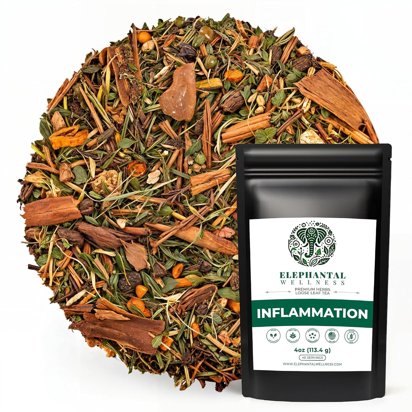 Elephantal Wellness Premium Inflammation Herbal Tea | Comfort &amp; Mobility Blend with Turmeric, Boswellia, White Willow Bark &amp; Ginger | Handmade, Non-GMO, Caffeine-Free Loose Leaf, 4oz, 40 Servings
