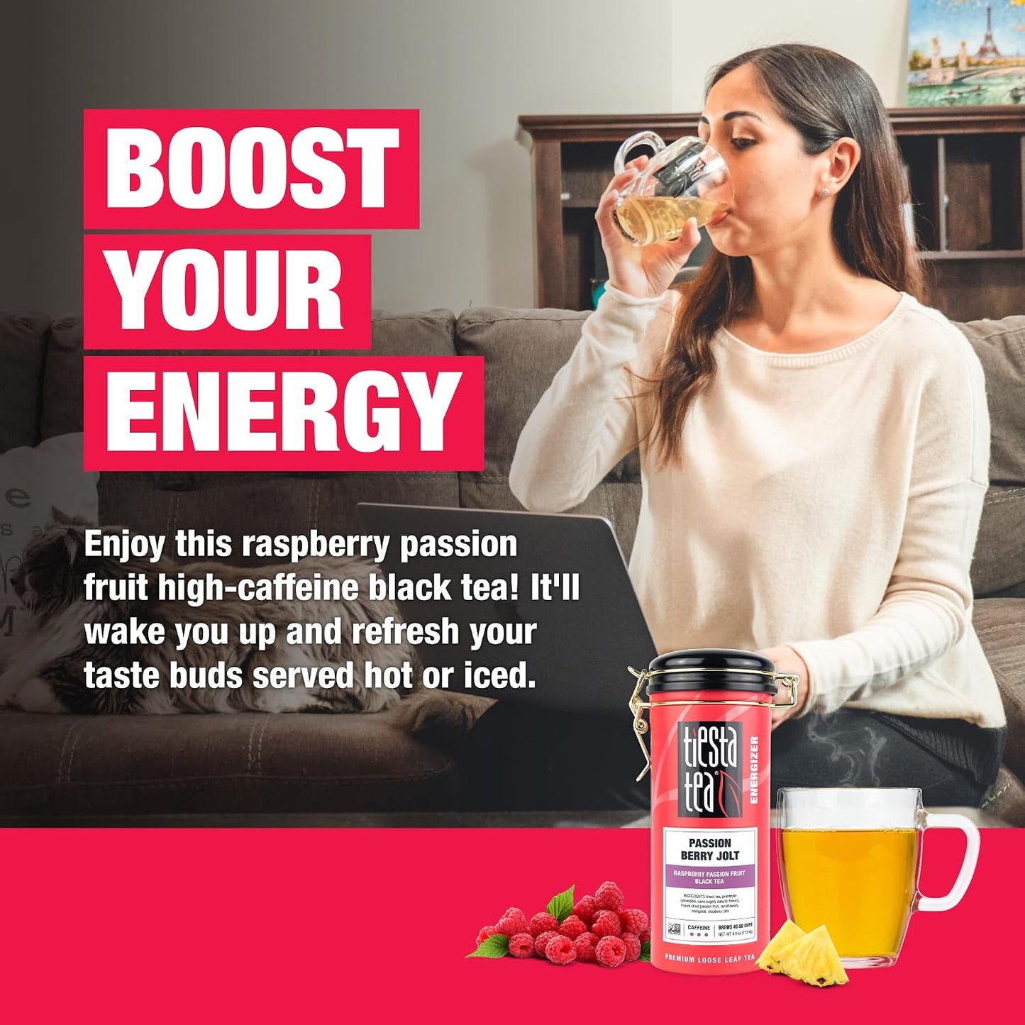 Tiesta Tea - Passion Berry Jolt, Loose Leaf | Raspberry Passion Fruit Black Tea, Premium Caffeinated Blend, Make Hot or Iced &amp; Brews Up to 50 Cups, 4oz Refillable Tin