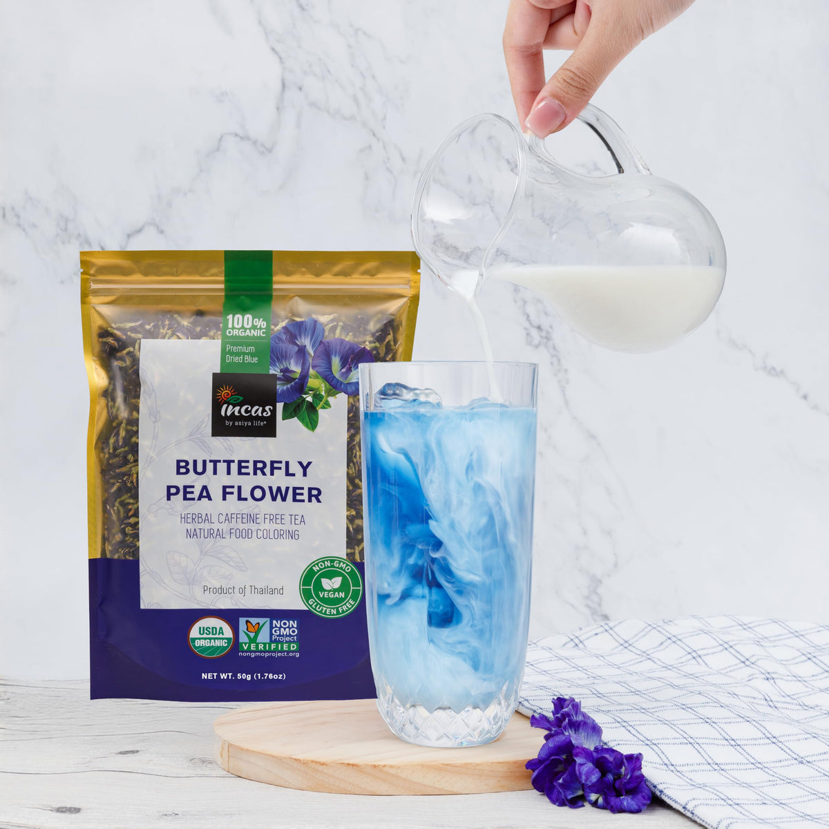 Incas by Asiya Life INCAS USDA Organic Butterfly Pea Flower Tea, Blue Tea, 1.76oz (150+ Cups)