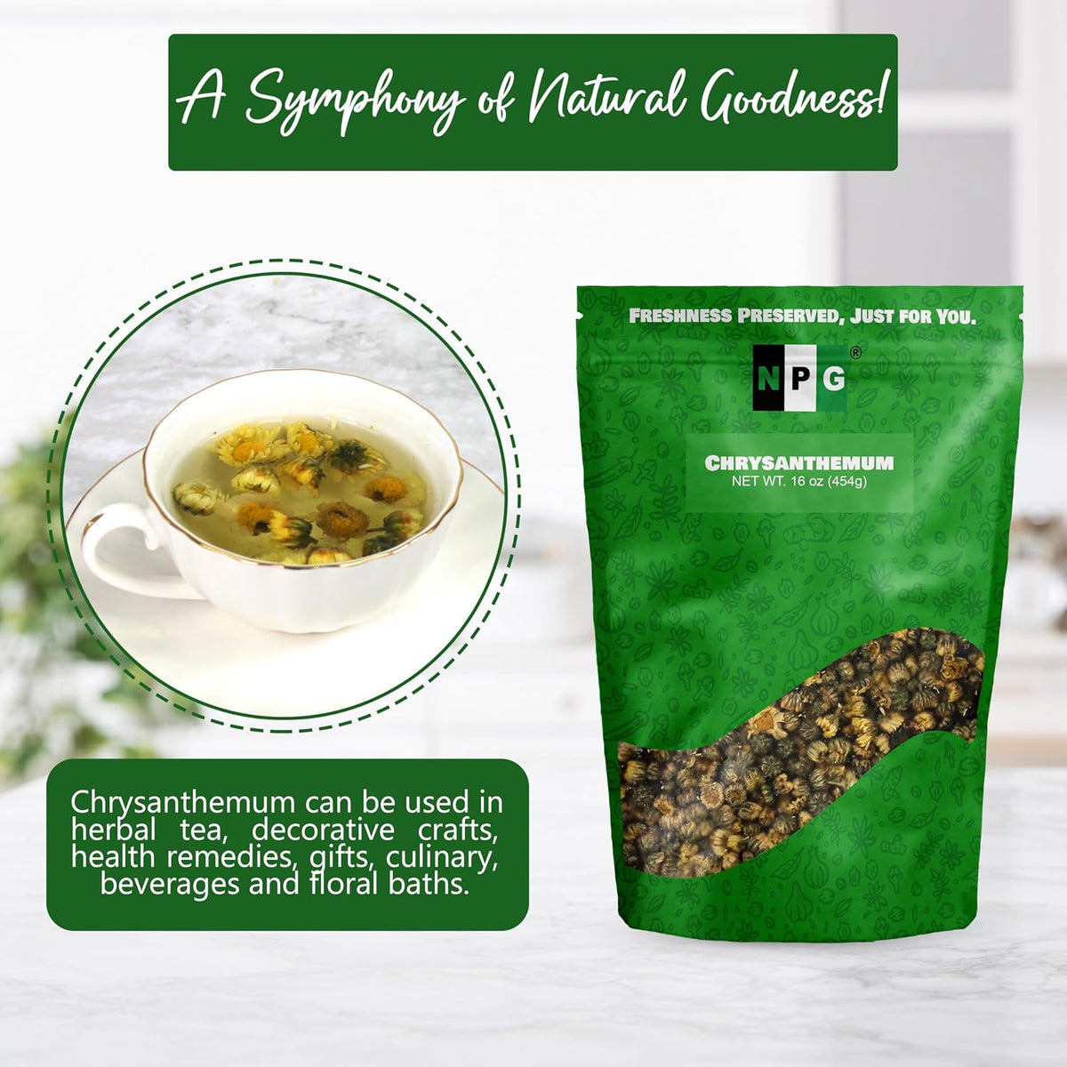 NPG Chrysanthemum Bud Tea 16 oz, Tai Ju Flowers, Juhua Herbal Tea
