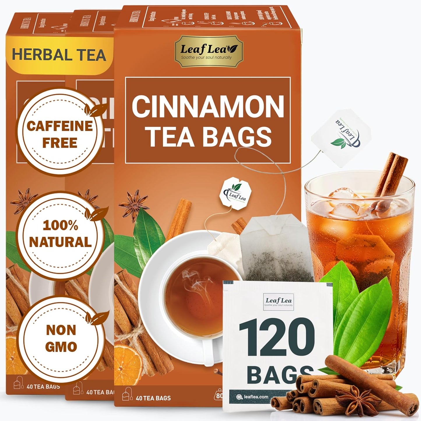 LeafLea Cinnamon Tea Bags, Warming Spice Family Value, 120 Count | Pure Single-Ingredient Cinnamon, Sugar-Free, Caffeine-Free, Individually Foil-Wrapped, 3-Box Stock-Up, Vegan, Non-GMO