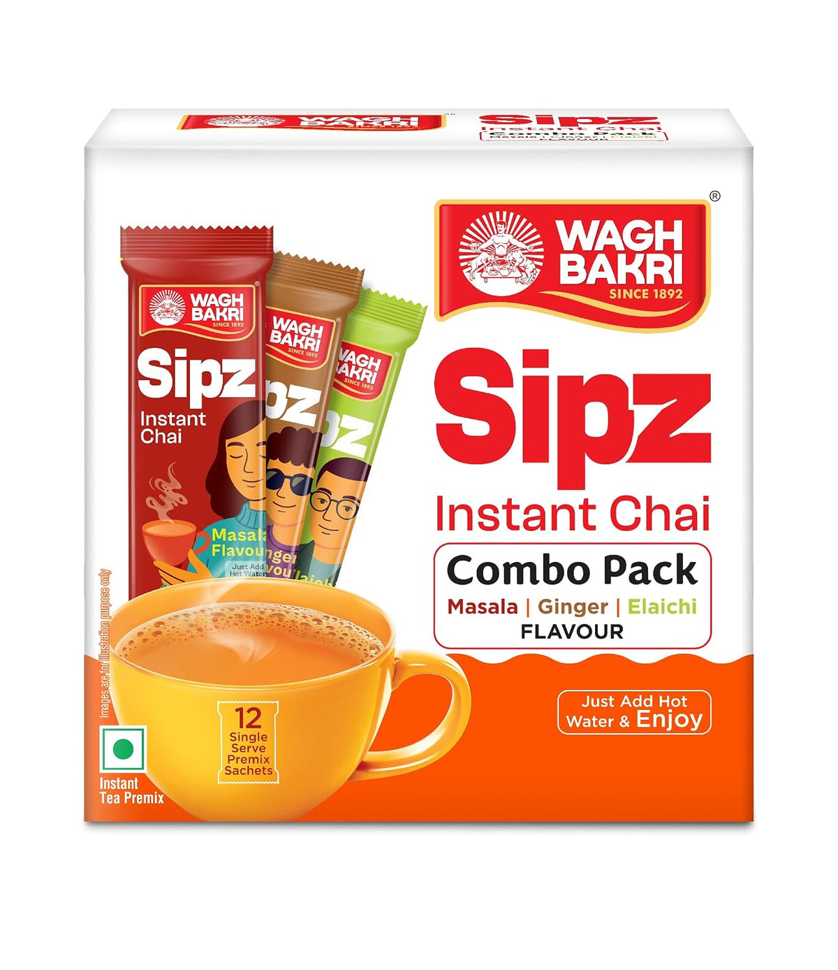 Wagh Bakri Instant Tea Premix, Masala, Cardamom &amp; Ginger - 4 Sachets Each, Total 12 Sachet [International Pack]