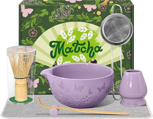 Matcha Whisk Ceramic Matcha Whisk Set Bamboo Whisk, Bowl With Spout, Powder Starter Sifter, Ceramic Whisk Holder, Tea Towel, Scoop and Scoop Rest for Matcha Tea Ceremony Purple