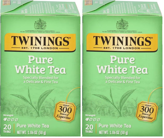 Twinings White Tea, 100% Natural Fujian Chinese Tea with a Light & Fresh Delicate Flavor, White Tea - Box of 20 Tea Bags (Pack of 2)