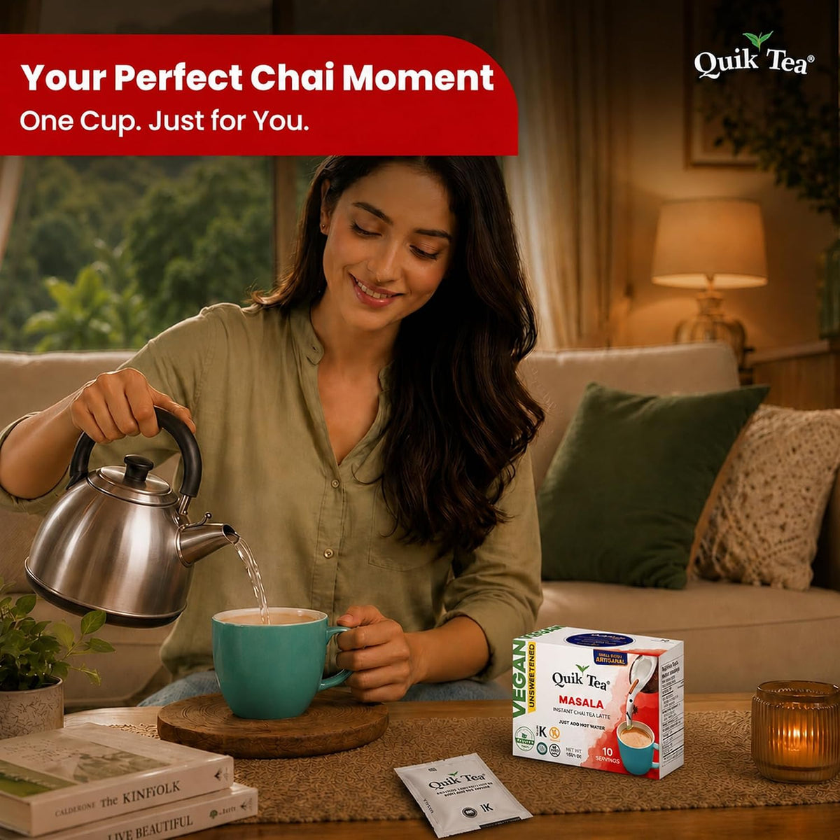 QuikTea Vegan Instant Chai Tea Latte Mix, Masala, Unsweetened, 10 Sachets