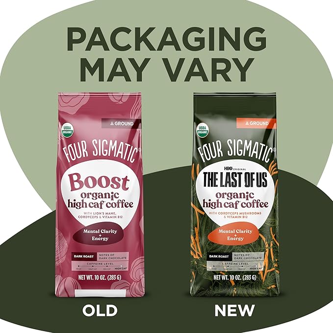 Four Sigmatic Focus Max High Caffeine Cordyceps Coffee, Organic Dark Roast High Caffeine Ground Coffee with Cordyceps, Lion's Mane and B12
