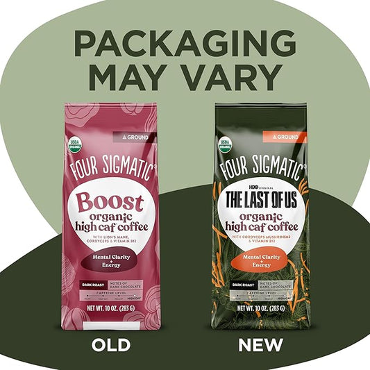 Four Sigmatic Focus Max High Caffeine Cordyceps Coffee, Organic Dark Roast High Caffeine Ground Coffee with Cordyceps, Lion's Mane and B12