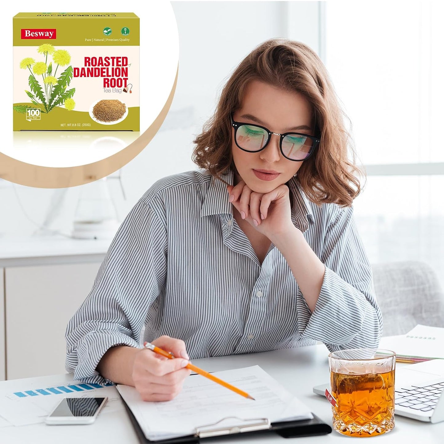 Besway Roasted Dandelion Root Tea Bags, 100 Count, Natural Herbal Tea | Roasted Dandelion Root Herbal Tea with a Smooth, Rich Flavor, Naturally Caffeine-Free, Packed in a Resealable Pouch