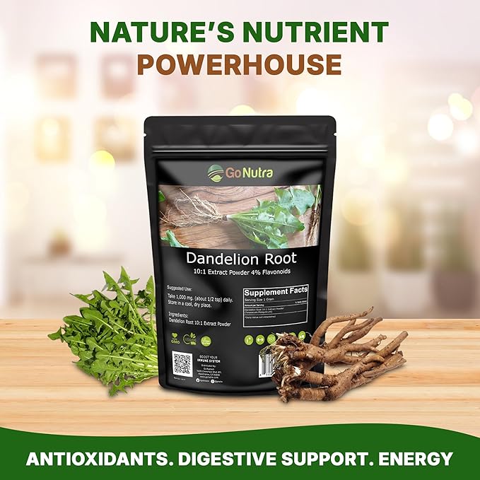 Go Nutra Dandelion Root Powder for Tea, Coffee & Beverages | Concentrated 10:1 Dandelion Root Extract Powder, Caffeine Free | Antioxidants, Digestion & Immune System | Non-GMO, Vegan | 8 oz