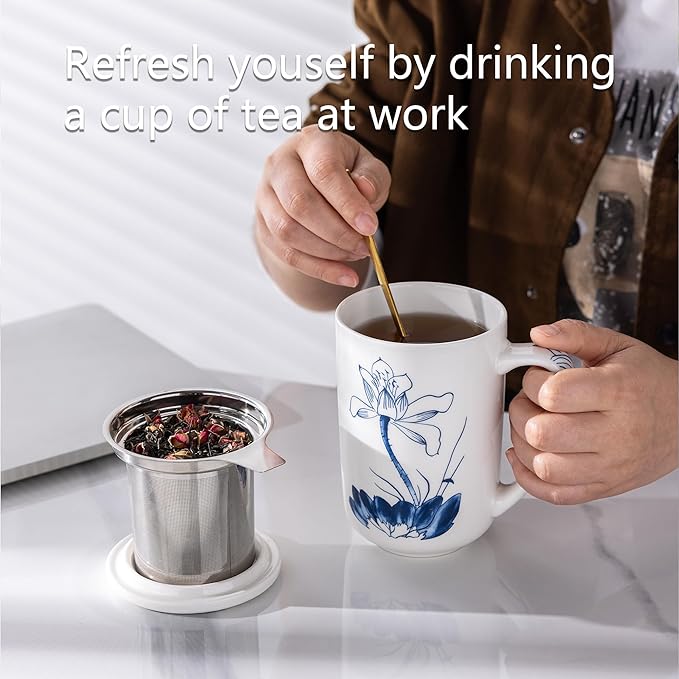 AmorArc Porcelain Tea Mug with Infuser and Lids, 18 Oz Large Cup Strainer with Bag Holder for Loose Leaf Tea
