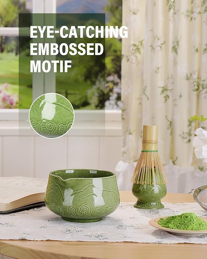 ZENS Matcha Whisk Set, 7pcs Matcha Set Includes Emerald Green Bowl and Matcha Cup, Bamboo Whisk & Scoop, Chasen Holder, 304 Sifter, Tea Mat, Matcha Kit for Latte Making