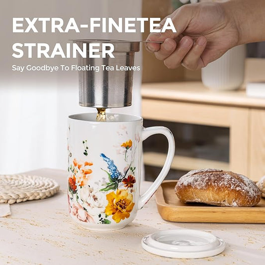 Gbhome Tea Mug with Infuser and Lid, 18 Ounce Large Ceramic Loose Leaf Cup, Microwave, Dishwasher Safe, Perfect For Tea Lovers