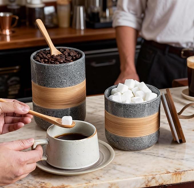 Large Storage Containers with Lids, Ceramic Coffee Container Kitchen Food Storage Cookie Jars with Airtight Lid for Spice Sugar Tea Bag, Stackable Decorative Jars for Counter, Grey & 61 fl.oz