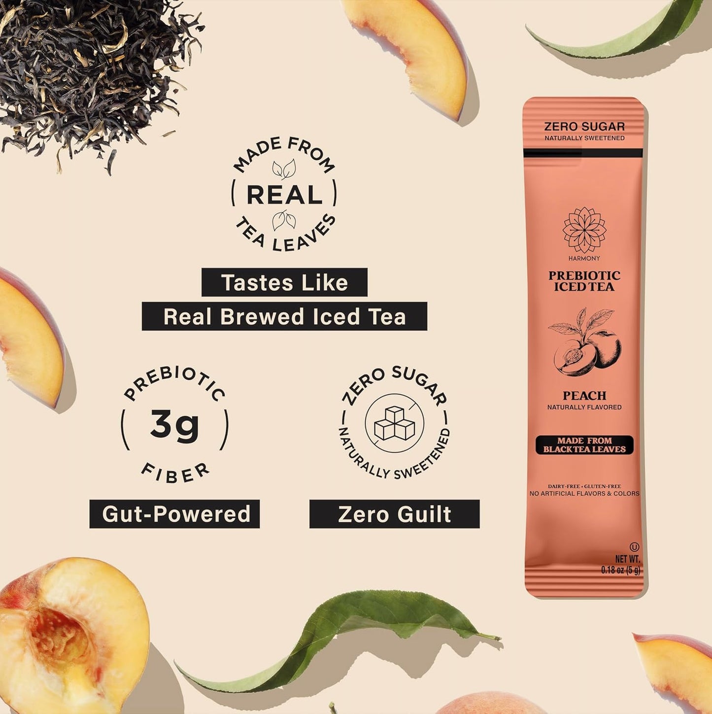 Harmony Prebiotic Iced Tea Stick Packs, Peach - Zero Sugar Peach Iced Tea Drink Mix Packets with 3g Prebiotic Fiber, Caffeinated Instant Black Tea, Dairy Free, Gluten Free, 10 Count