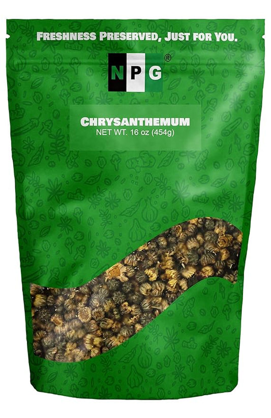 NPG Chrysanthemum Bud Tea 16 Oz, Premium Dried Chinese Tai Ju Flowers, Juhua Herbal Tea, Caffeine-Free, Non-GMO Loose Leaf with Floral Fragrance, Sweet and Refreshing Flavor for Relaxation