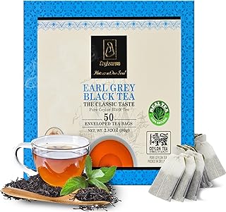 Ceylonzon Earl Grey Black Tea Classic Taste 50 Individually Foil-Wrapped Tea Bags, Infused with Pure Bergamot for a Bold, Aromatic Flavor and Refreshing Experience 80g