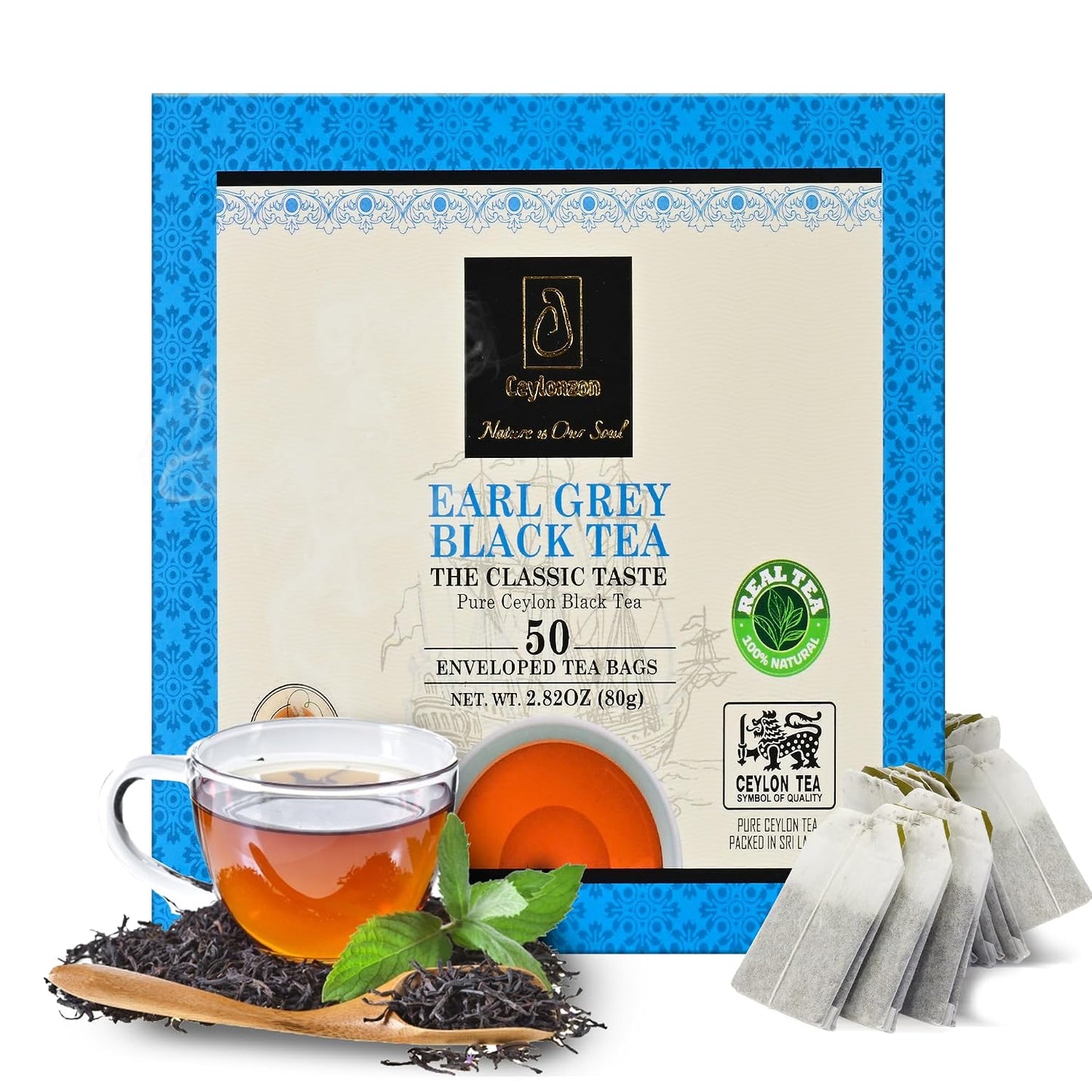 Ceylonzon Earl Grey Black Tea Classic Taste 50 Individually Foil-Wrapped Tea Bags, Infused with Pure Bergamot for a Bold, Aromatic Flavor and Refreshing Experience 80g
