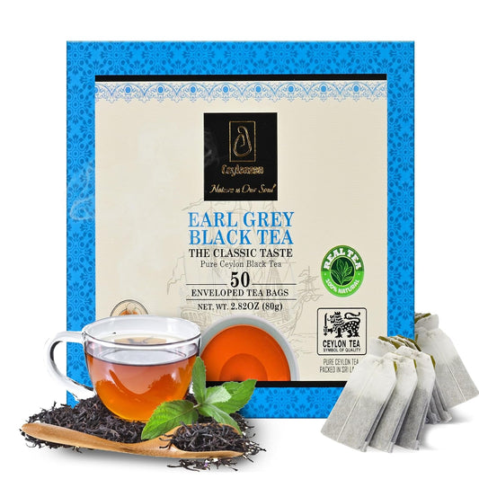 Ceylonzon Earl Grey Black Tea Classic Taste 50 Individually Foil-Wrapped Tea Bags, Infused with Pure Bergamot for a Bold, Aromatic Flavor and Refreshing Experience 80g