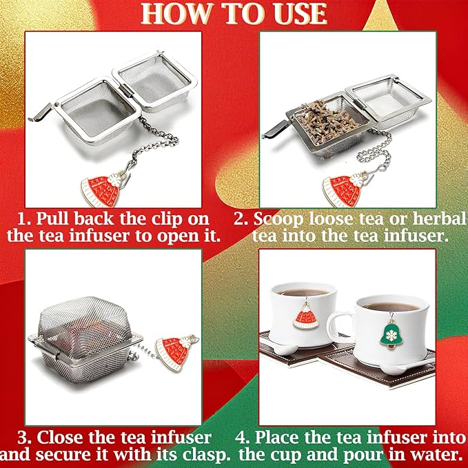 Christmas Themed Tea Infuser Set, 2 PCS Cubic Tea Strainers for Loose Leaf Tea, Reusable Stainless Steel Mesh Tea Ball, Tea Steeper with Red Hat and Green Bell Pendant
