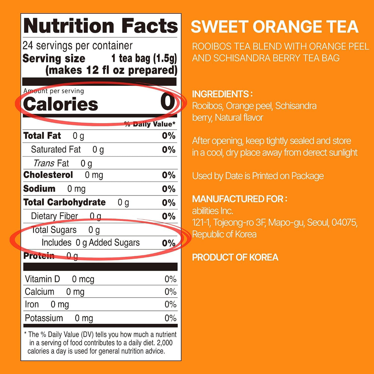 Odada Sweet Orange Tea, Rooibos &amp; Schisandra Blend – Caffeine-Free Citrus Herbal Tea for Hydration &amp; Daily Wellness, Natural Antioxidants, Zero Sugar, 24 Tea Bags
