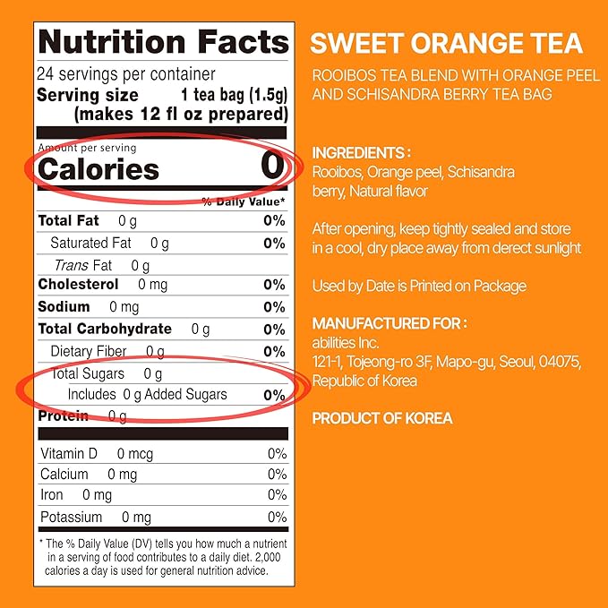 Odada Sweet Orange Tea - Rooibos, Orange Peel & Schisandra Berry Blend, Bright Citrus Hydration & Natural Antioxidant K-Wellness Drink, Caffeine-Free, Zero Sugar, 24 Tea Bags