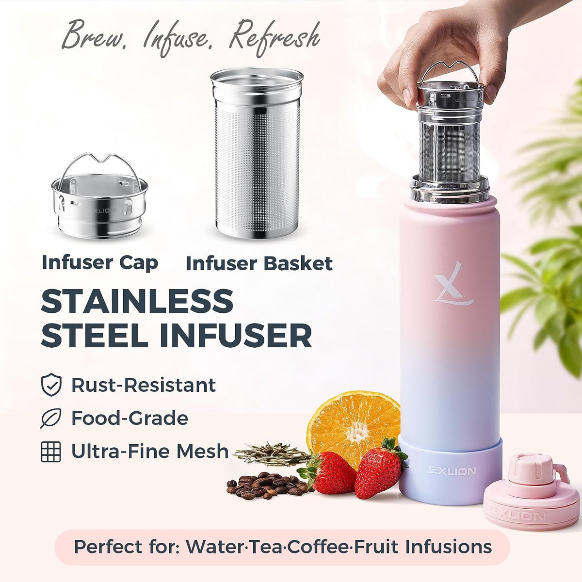 Lexlion Tea Infuser Water Bottle 32 Oz – Triple Wall Insulated Stainless Steel, Loose Leaf &amp; Fruit Strainer, 3 Leakproof Lids, BPA-Free Silicone Sleeve, Reusable Thermal Mug