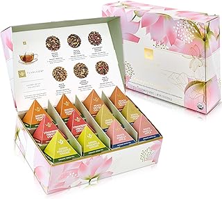 Teabloom Organic Sacred Lotus Pyramid Tea Presentation Box, 12 Assorted USDA Certified Organic Whole-Leaf Pyramid Tea Sachets, Green Tea, Oolong tea, White tea