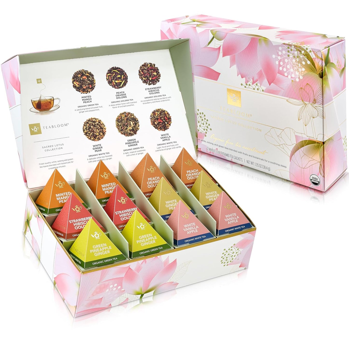 Teabloom Organic Sacred Lotus Pyramid Tea Presentation Box, 12 Assorted USDA Certified Organic Whole-Leaf Pyramid Tea Sachets, Green Tea, Oolong tea