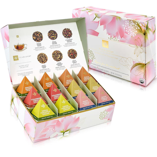 Teabloom Organic Sacred Lotus Pyramid Tea Presentation Box, 12 Assorted USDA Certified Organic Whole-Leaf Pyramid Tea Sachets, Green Tea, Oolong tea
