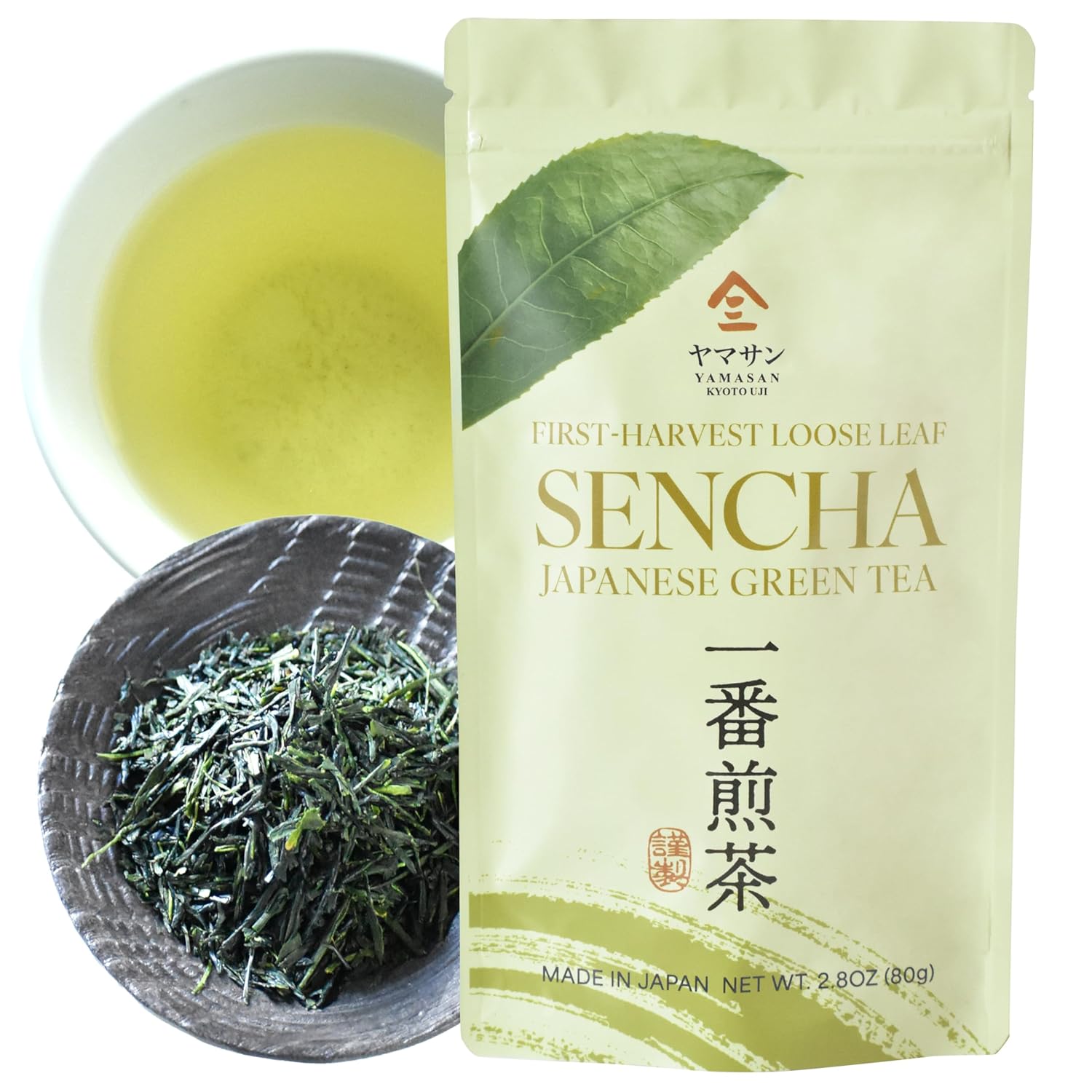 YAMASAN KYOTO UJI Japanese Sencha Green Tea, 100% First-Harvest Loose Leaf, Bright Color, Refreshing Aroma, Well-Balanced and Clean Taste, Unsweetened, Made in Japan, 80g(2.8oz)