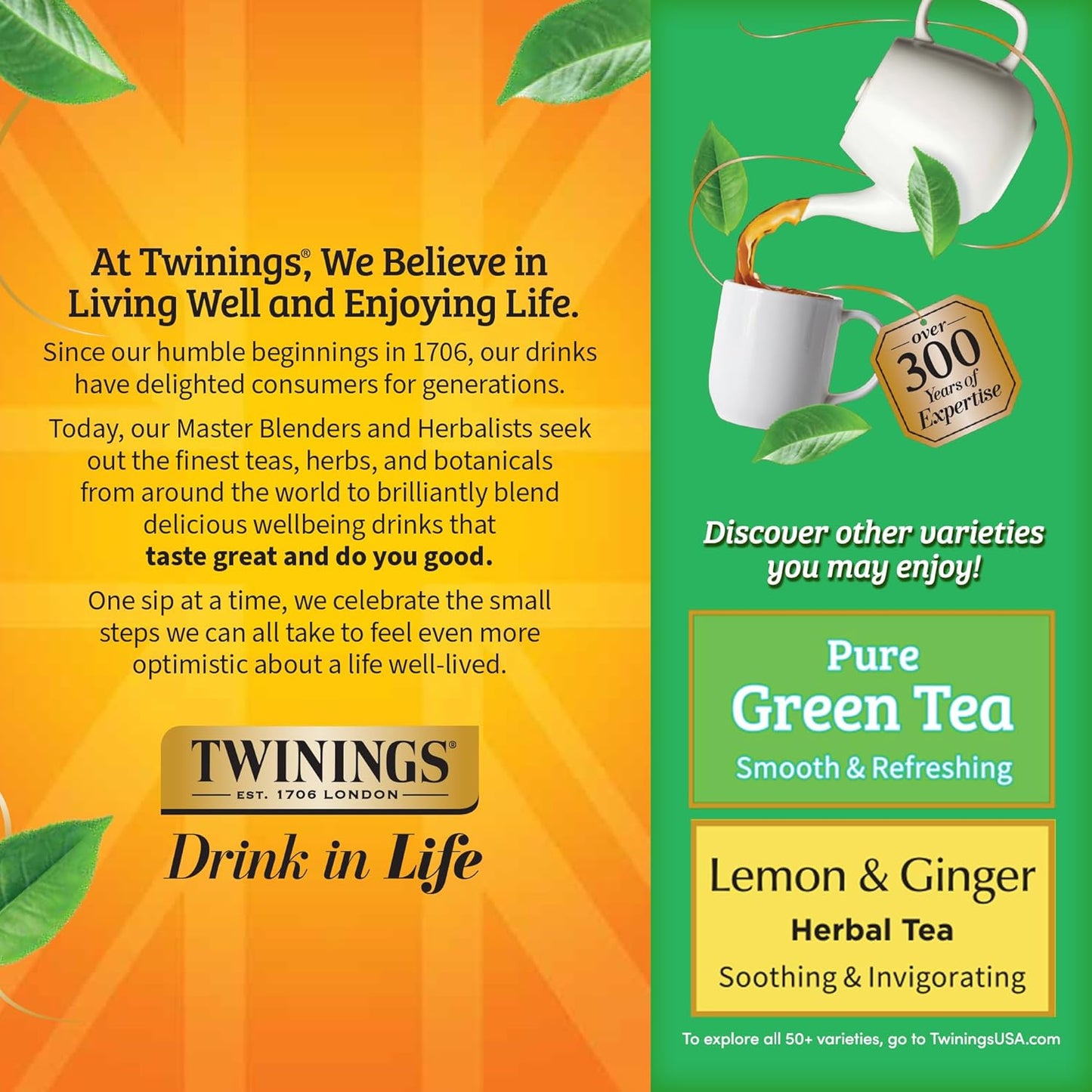 Twinings Green Tea with Jasmine, Caffeinated, Tea Bags, 100 CT Box (1 Pack) | Floral Scented with Jasmine Blossoms, Naturally Caffeinated, 100 Foil Lined Individually Wrapped Bags, Enjoy Hot or Iced