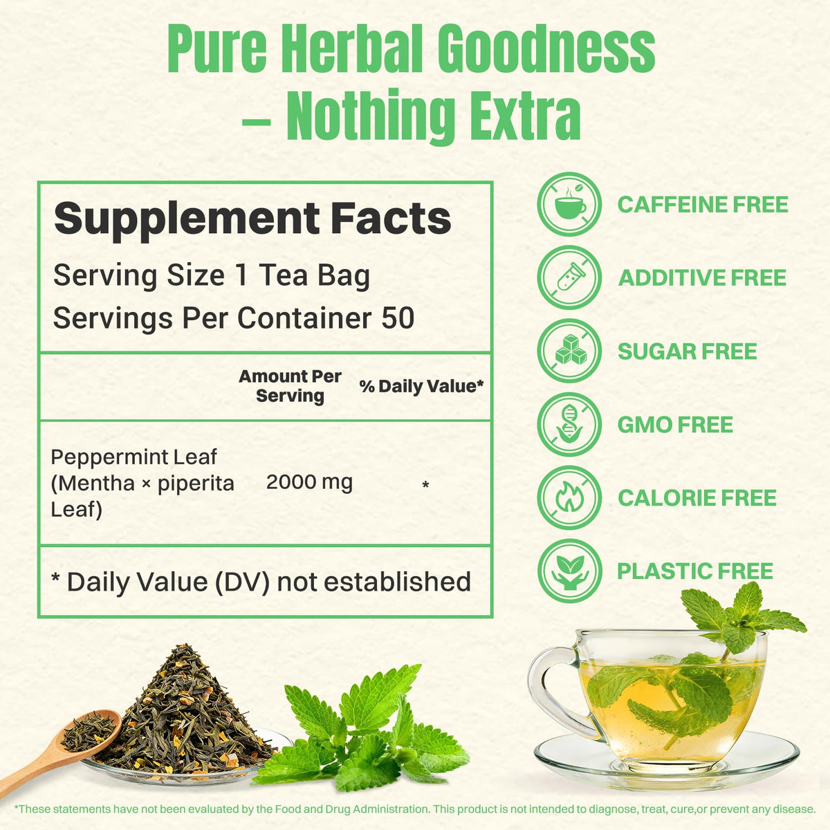 HIIHONE Peppermint Tea Bags 50 Count – Caffeine-Free Mint Tea, Refreshing Mint Tea