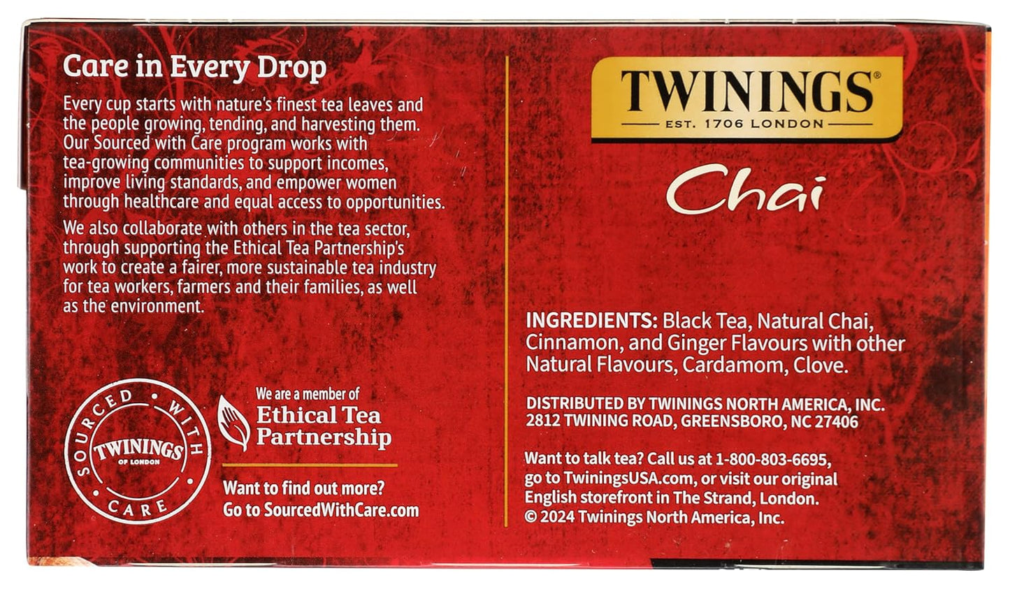 Twinings Chai Black Tea Individually Wrapped Bags, Sweet, Savoury Spices, Caffeinated, Enjoy Hot or Iced - 50 Count