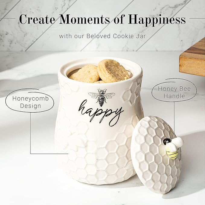 Young's Inc. Ceramic Honey Bee Cookie Jar with Lid and Handle – Honeycomb Design, 5.75" x 5.83" x 7.87", Decorative and Functional Kitchen Storage