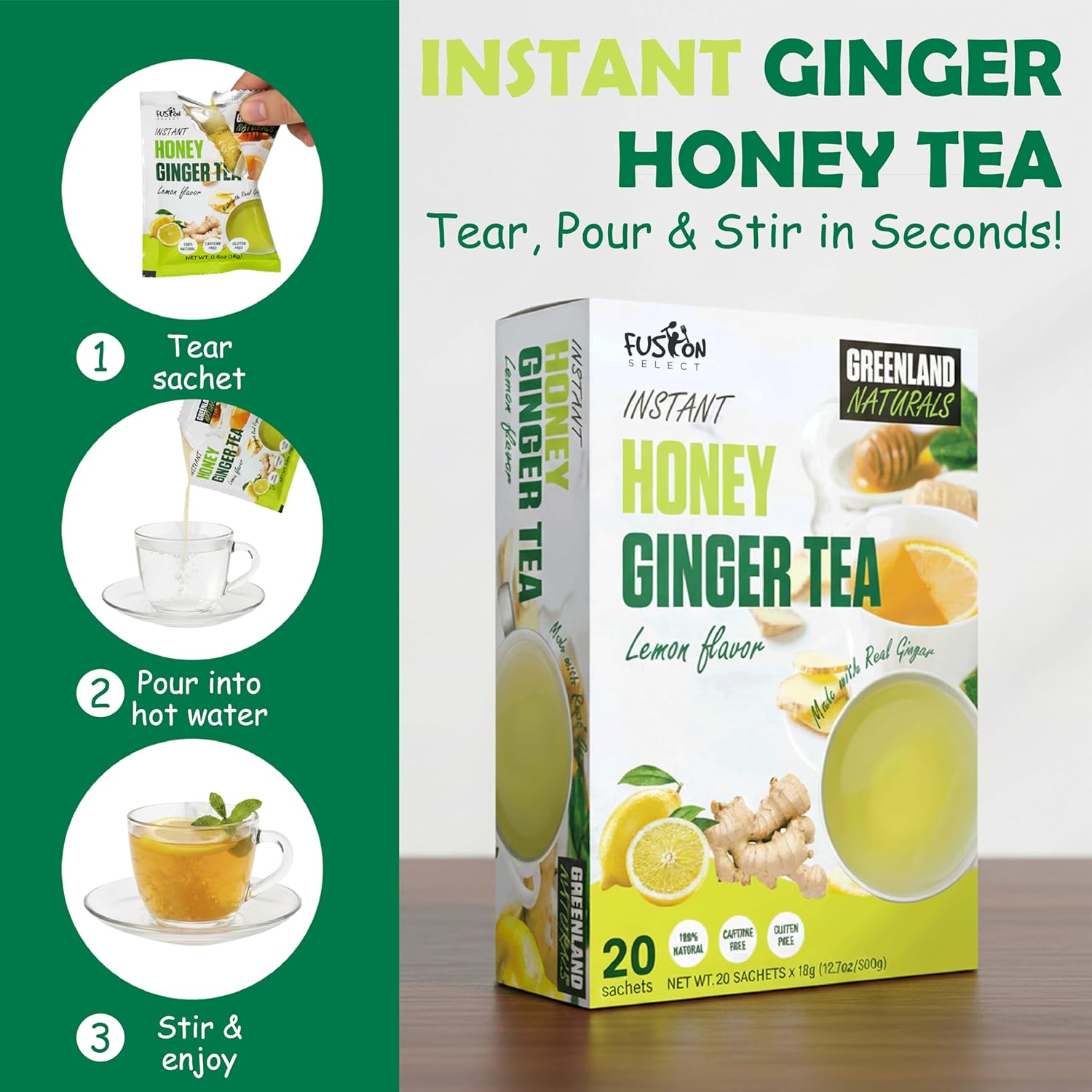 Fusion Select 20 Sachets Original Ginger Honey Crystals Packets - Crystallized Ginger Tea with Honey - Easy-to-Prepare Instant Drink Mix - Natural Ingredients with No Caffeine