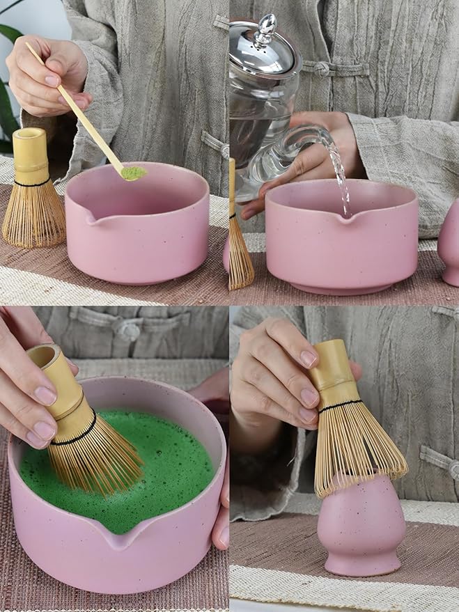 Artcome Matte Pink Matcha Bowl Set with Spout – Handmade Ceramic Chawan, Bamboo Whisk, Whisk Holder, Tea Scoop, and Matcha Manual