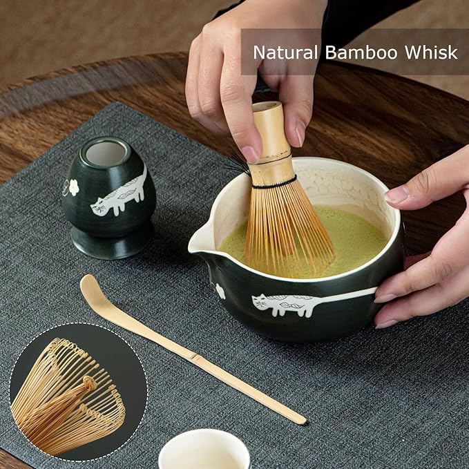 Unique Cat Matcha Tea Set, Matcha Bowl with Spout, 2 Cups, Bamboo Whisk, Chasen Holder & Scoop, 6 Pcs Matcha Set for Tea Ceremony & Unique Gift for Matcha Lover