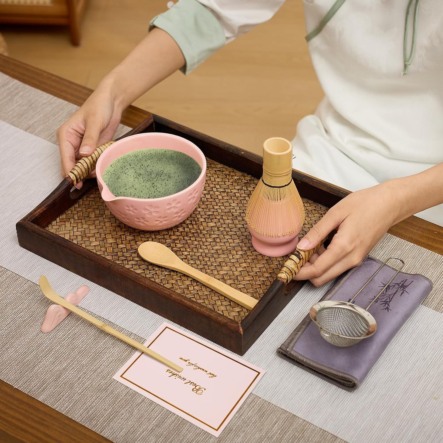 Matcha Whisk Set - Traditional Bamboo Chasen with Bowl, Complete Matcha Tea Making Kit &amp; Starter Tools for Authentic Japanese Ceremony (Pink01, 8pcs/set,Bowl entry-level Set)
