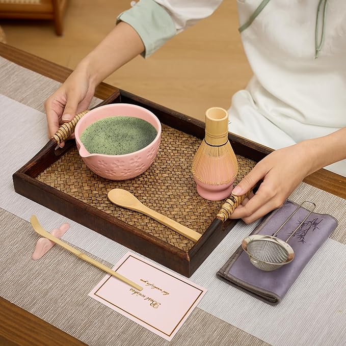 Matcha Whisk Set - Traditional Bamboo Chasen with Bowl, Complete Matcha Tea Making Kit & Starter Tools for Authentic Japanese Ceremony (Pink01, 8pcs/set,Bowl entry-level Set)