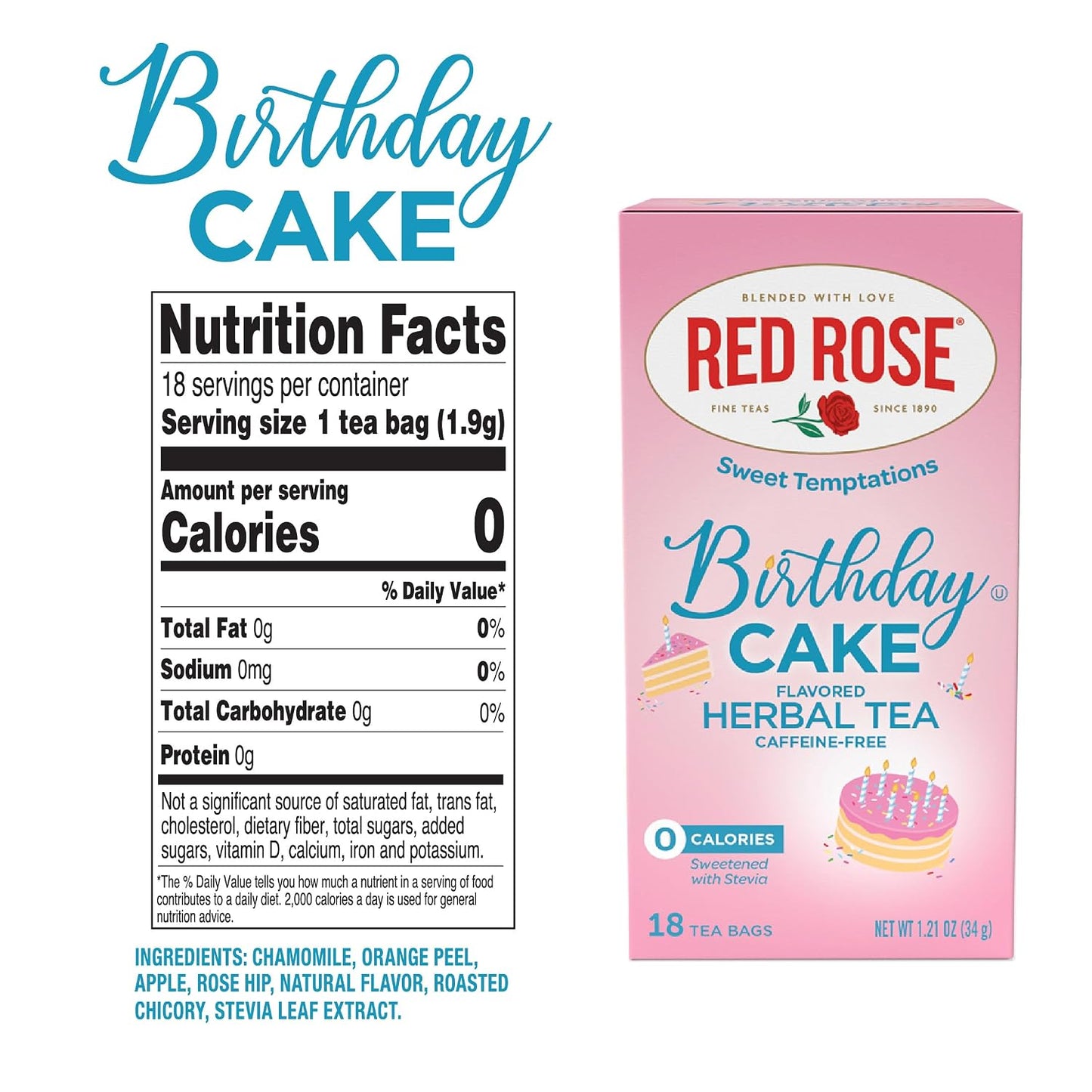 Red Rose Sweet Temptations Birthday Cake Dessert Herbal Tea, 18 Bags 6 Pack | Sweet, dessert-inspired herbal tea | Naturally flavored | Caffeine-free | Ideal sweet treat