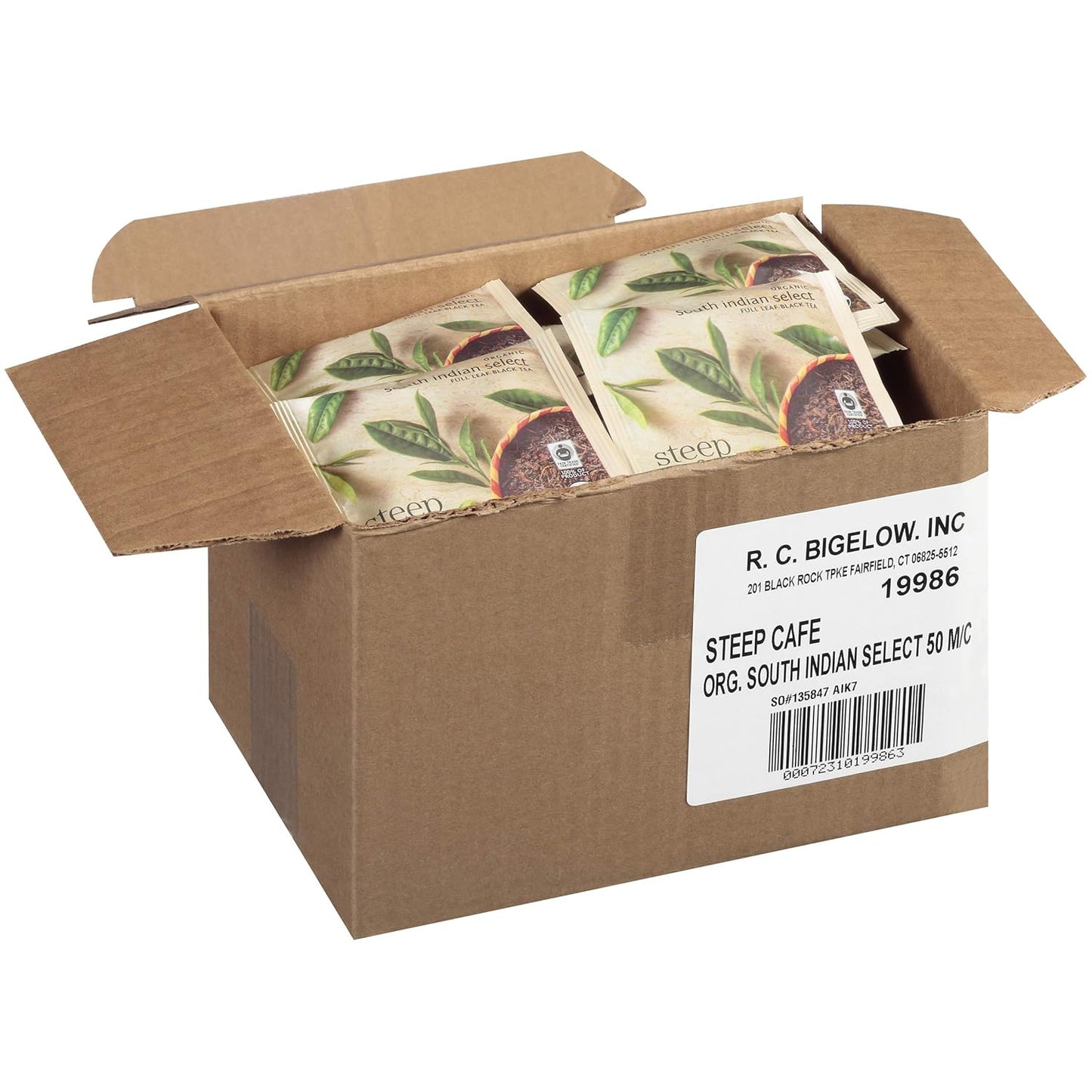 Steep Café Fair Trade Organic South Indian Select Black Tea, 50 Bags Box, Single Source, Premium Whole Leaf Teas, Sachet Pyramid Bag, Individually Wrapped in a Foil Pouch, Hot or Iced, by Bigelow Tea