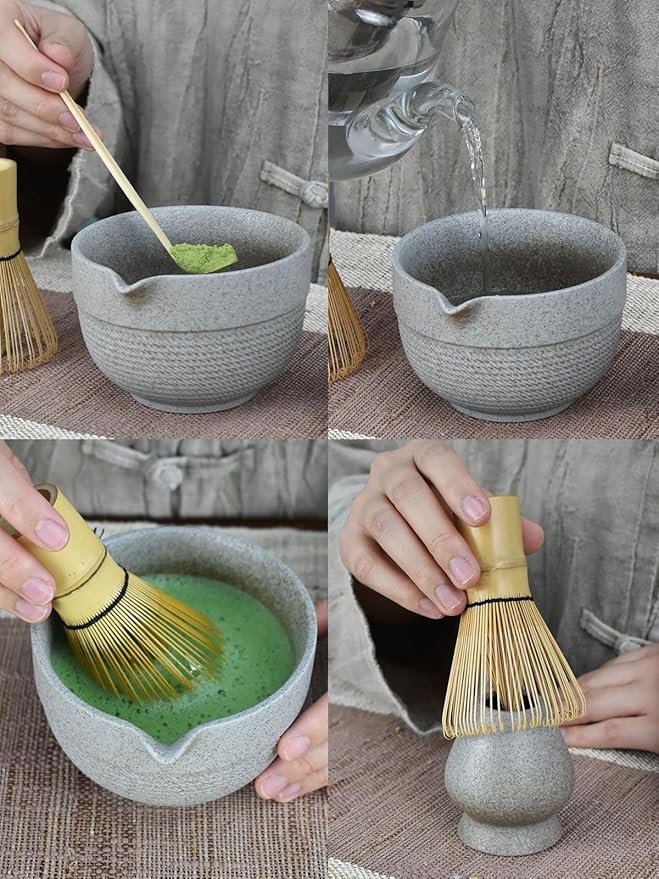 Matcha Tea Set – 4 Piece Traditional Japanese Matcha Kit with Pouring Spout Bowl, Whisk, Holder, Scoop & Guide