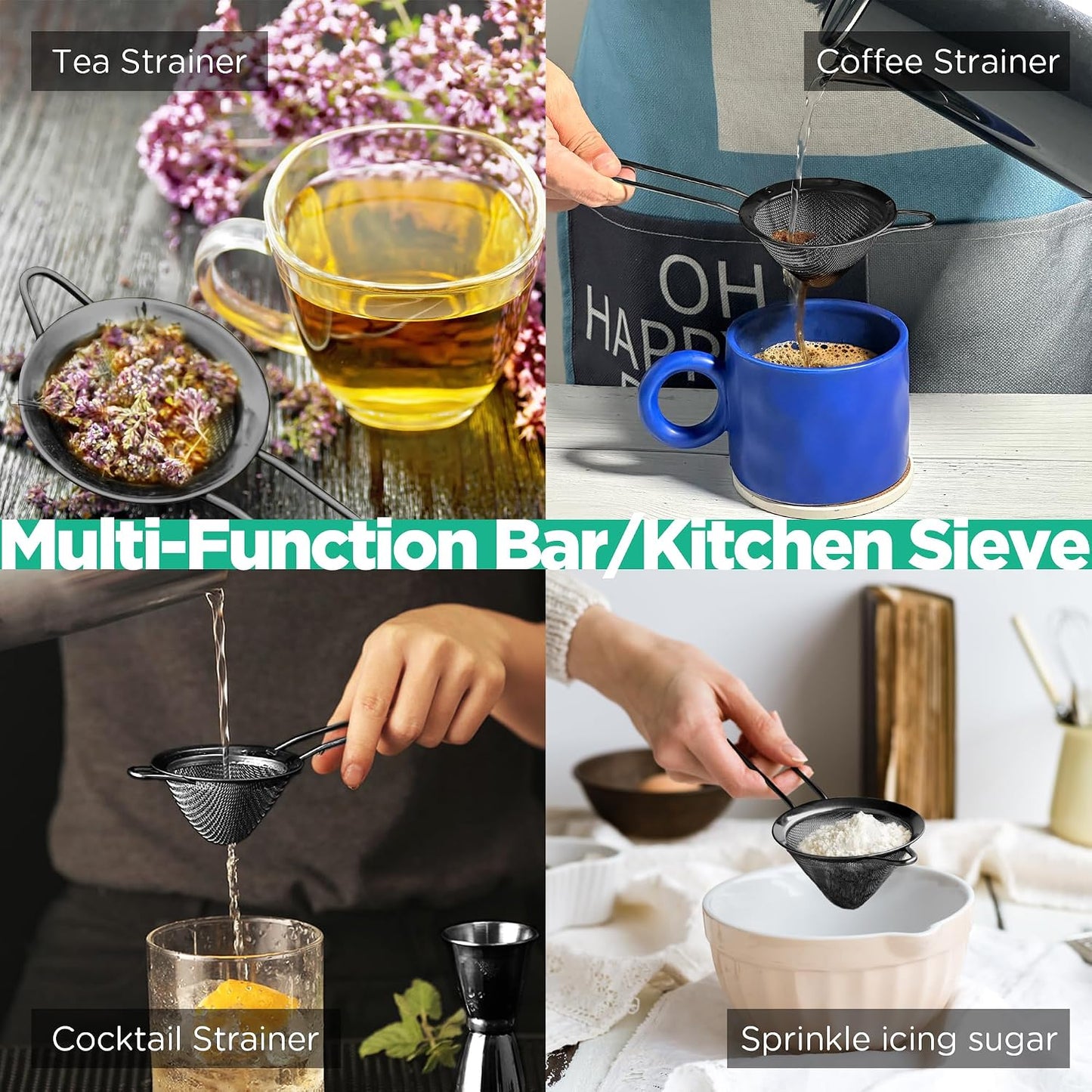 Homestia 2 Pcs Stainless Steel Fine Mesh Strainer, Cocktail Strainer, Black
