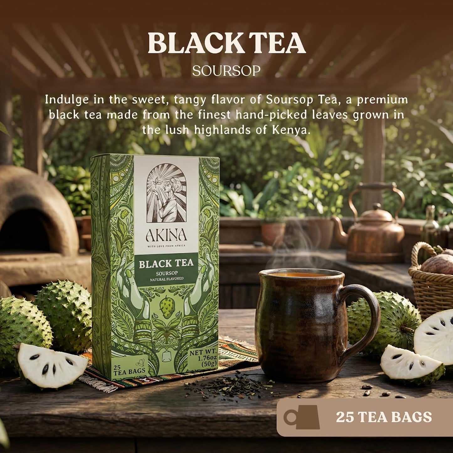 AKINA - Soursop Flavored Black Tea Bags, Individually Wrapped, Specialty String and Tag Kenyan Soursop Tea Bags, Sweet and Tangy with Uplifting Tropical Aroma (Box of 25) (50g)